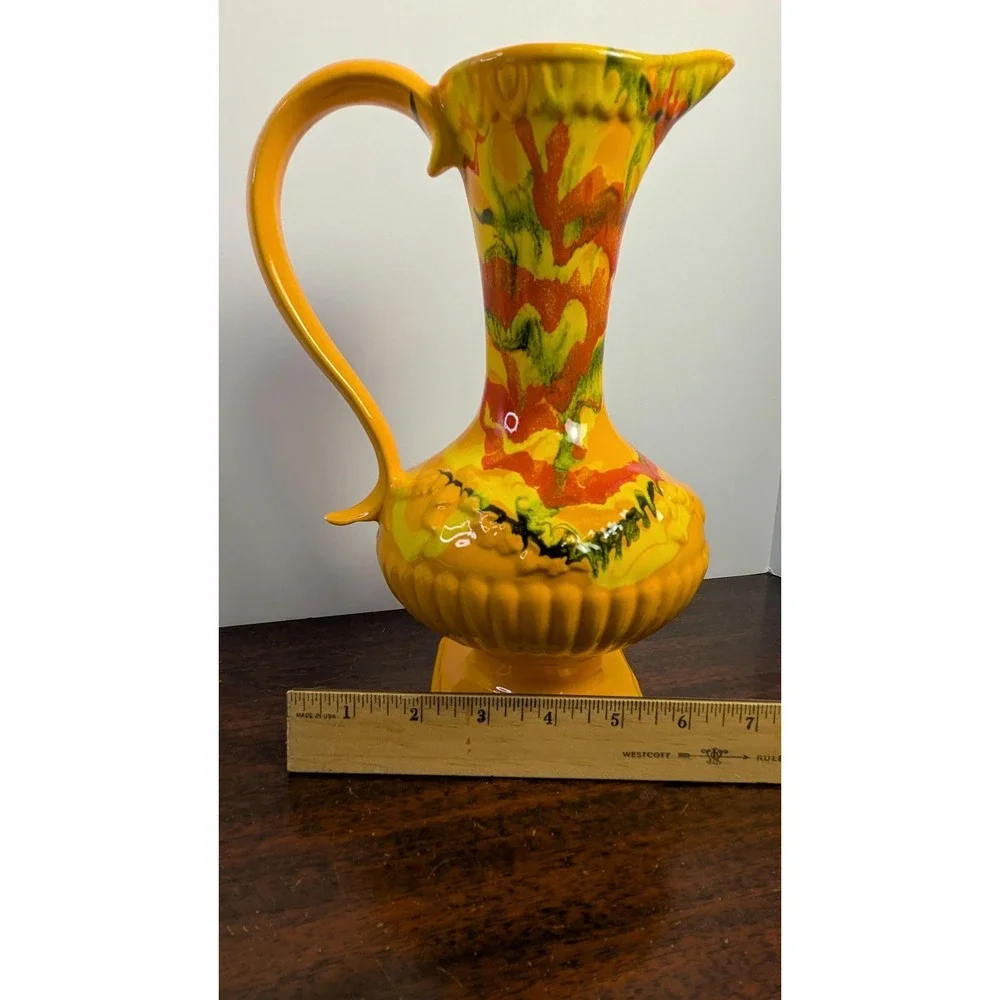 Vintage MCM Psychedelic Drip Glaze Ewer Vase Orange Retro Atomic Pottery 931 USA